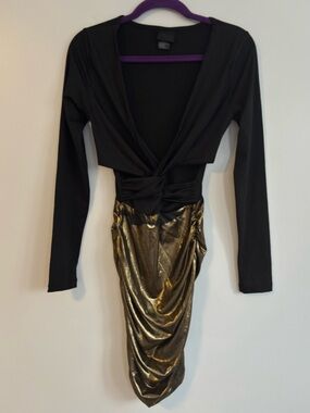 BLVD collection Black Gold Gun Metallic Colorblock Cutout Long Sleeve Midi Dress